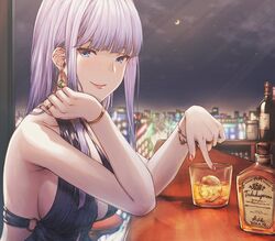  alcohol alexandra_viktorovna_dashkova_(tukikagerou) bangle bar_(place) bare_shoulders blue_dress blue_eyes blush bottle bracelet breasts commission commissioner_upload dress earrings elbow_rest female glass halter_dress halterneck highres ice indoors ivris jewelry large_breasts light_purple_hair long_hair looking_at_viewer night o-ring original red_nails ring second-party_source smile solo 