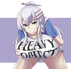  altronage bent_over breasts commentary commission copyright_name english_commentary female frolaytia_capistrano grabbing grabbing_own_breast grey_hair hair_bun heavy_object highres large_breasts long_hair mega_milk meme_attire purple_eyes shirt short_shorts shorts single_hair_bun solo t-shirt v-shaped_eyebrows 