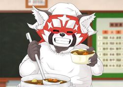  2021 ailurid anthro blurred_background closed_eyes clothed clothing cooking detailed_background digital_drawing_(artwork) digital_media_(artwork) food front_view humanoid_hands inside kemono lifewonders mammal mijinko mijinkoooknijim red_body red_panda smile smiling_at_viewer solo tokyo_afterschool_summoners young zhurong_(tas) 