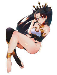  bare_shoulders barefoot black_hair black_ribbon breasts cleavage collarbone earrings fate/grand_order fate_(series) female full_body hair_ribbon harukagi highres hoop_earrings ishtar_(fate) jewelry legs long_hair looking_at_viewer medium_breasts red_eyes ribbon solo tiara twitter_username two_side_up 