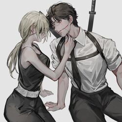  1boy bare_shoulders black_hair black_necktie black_pants black_shirt blonde_hair breasts business_suit chainsaw_man chest_belt collared_shirt curtained_hair deadprince ear_piercing eyebrows eyepatch female formal glasgow_smile grey_background harness highres kishibe_(chainsaw_man) kishibe_(young)_(chainsaw_man) looking_at_another medium_breasts medium_hair necktie pants piercing ponytail quanxi_(chainsaw_man) shirt shirt_tucked_in short_hair simple_background sitting sleeves_rolled_up stitched_face stitched_mouth stitches suit sword weapon weapon_on_back white_shirt 