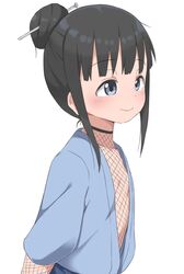  black_hair blue_eyes blush bubukka dot_nose female fishnet_sleeves fishnet_top fishnets flat_chest hair_bun hair_ornament hair_stick japanese_clothes kimono kunoichi_tsubaki_no_mune_no_uchi mokuren_(kunoichi_tsubaki_no_mune_no_uchi) open_clothes sidelocks single_hair_bun smile solo white_background 