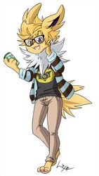  9:16 anthro anthrofied beverage clothed clothing coffee eeveelution eyewear fur generation_1_pokemon glasses hair hamsteroftime hi_res jolteon male mammal nintendo open_mouth pokemon pokemon_(species) pokemorph simple_background solo white_background yellow_body yellow_fur 