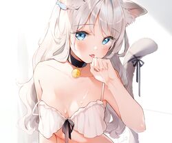  animal_ears blush catgirl cropped gray_hair long_hair no_bra original shiratama_akane tail 