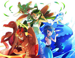  1boy 2girls :d :o abs black_hair blue_eyes blue_hair blue_sailor_collar clenched_teeth collarbone commentary_request dark-skinned_male dark_skin fire flower green_eyes green_hair hair_flower hair_ornament hairband hands_up kiawe_(pokemon) lana_(pokemon) leaf long_hair looking_at_viewer lurantis mallow_(pokemon) momoji_(lobolobo2010) multicolored_hair multiple_girls no_sclera one-piece_swimsuit open_mouth pokemon pokemon_(creature) pokemon_sm red_hair sailor_collar salazzle shirt short_hair sleeveless smile swept_bangs swimsuit swimsuit_under_clothes teeth tongue topless_male twintails water wishiwashi wishiwashi_(school) wishiwashi_(solo) 