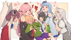  1boy 5girls ^_^ a.i._voice age_difference animal_ear_headphones animal_ears aqua_hair black_hair blonde_hair blush braid cat_ear_headphones chikuwa closed_eyes commentary_request detached_sleeves dress eating fake_animal_ears fangs food green_eyes green_hoodie grey_hair grey_sailor_collar grey_skirt hair_between_eyes hair_ornament headgear headphones highres hood hoodie kiritanpo_(food) kizuna_akari kizuna_akari_(a.i._voice) kizuna_akari_(tsubomi) kotonoha_akane kotonoha_aoi kyoumachi_seika long_hair minase_kou multiple_girls nose_blush onee-shota open_mouth pink_hair puff_of_air purple_shorts red_dress red_eyes sailor_collar sailor_dress school_uniform serafuku shirinda_fureiru short_hair shorts side_braid skirt sleeveless sleeveless_dress straight touhoku_kiritan twintails very_long_hair voiceroid white_sailor_collar wide_sleeves 