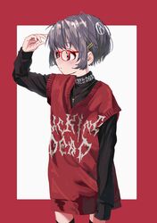  absurdres anarchy_symbol androgynous arm_at_side arm_up bad_id bad_twitter_id black_shirt black_thighhighs blackletter blush border closed_mouth clothes_writing cowboy_shot cross cross_necklace expressionless female from_side gishiki_(gshk) glasses grey_hair hair_ornament hand_up highres jewelry latin_cross long_sleeves necklace original outside_border oversized_clothes print_sweater profanity red-framed_eyewear red_border red_sweater_vest red_vest shirt simple_background sleeves_past_fingers sleeves_past_wrists solo standing sweater sweater_vest thighhighs turtleneck very_long_sleeves vest white_background 