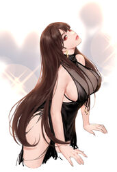  bare_shoulders black_dress breasts brown_hair cleavage commentary dress dsr-50_(girls&#039;_frontline) dsr-50_(highest_bid)_(girls&#039;_frontline) earrings evening_gown female girls&#039;_frontline jewelry large_breasts long_hair official_alternate_costume red_eyes see-through see-through_cleavage sideboob siun solo thighs 