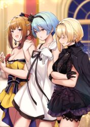  3girls alternate_costume black_dress black_gloves blonde_hair blue_hair blurry blurry_background blush braid breasts bridal_garter brown_hair closed_mouth collarbone crossed_arms dress earrings girls&#039;_frontline gloves grizzly_mkv_(girls&#039;_frontline) grizzly_mkv_(starry_night_ball)_(girls&#039;_frontline) hair_ornament hairband holding holding_clothes holding_gloves indoors jewelry large_breasts looking_at_viewer medium_breasts multiple_girls off-shoulder_dress off_shoulder official_alternate_costume orange_eyes purple_eyes short_hair single_glove tobimura welrod_mkii_(girls&#039;_frontline) welrod_mkii_(nightfall_crisis)_(girls&#039;_frontline) white_dress white_gloves yellow_dress zas_m21_(girls&#039;_frontline) zas_m21_(white_queen)_(girls&#039;_frontline) 