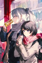  2girls absurdres bag black_hair black_jacket bow can charm_(object) coat commentary_request duffel_coat enpera grey_hair hair_between_eyes hair_ornament hairbow hairclip height_difference highres higuchi_kaede higuchi_kaede_(1st_costume) holding holding_can jacket long_hair mtmtomt328 multiple_girls nijisanji outdoors ponytail purple_eyes scarf standing tsukino_mito tsukino_mito_(6th_costume) upper_body vending_machine virtual_youtuber 