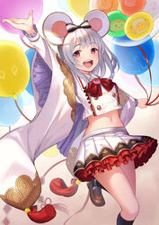  :d akanebi animal_ears balloon black_socks blush bow_hairband brooch buttons cropped_shirt double-breasted fake_animal_ears feet_out_of_frame female frilled_skirt frills granblue_fantasy grey_hair hair_ornament hairband hairclip heart heart_brooch highres holding holding_balloon jewelry kneehighs midriff miniskirt mouse_ears navel open_mouth pleated_skirt red_eyes short_hair skirt smile socks solo teeth upper_teeth_only vikala_(granblue_fantasy) white_skirt wide_sleeves 