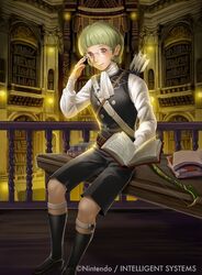  1boy arrow_(projectile) book boots bow_(weapon) brown_eyes commentary_request fire_emblem fire_emblem:_three_houses fire_emblem_cipher garreg_mach_monastery_uniform glasses green_hair ignatz_victor male_focus official_art quiver sitting solo tsutsui_misa weapon 