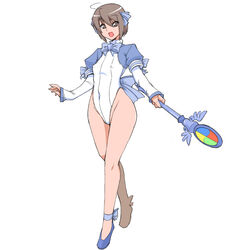  :d ahoge ankle_ribbon ballet_slippers blue_bow blue_bowtie blue_ribbon blue_shirt bob_cut bow bowtie breasts brown_eyes brown_hair commentary covered_navel covered_nipples female full_body groin hair_between_eyes hair_ribbon highleg highleg_leotard holding holding_staff leg_ribbon leotard long_bangs long_sleeves looking_at_viewer madobe_yuu magical_girl microsoft_windows open_mouth os-tan personification puffy_short_sleeves puffy_sleeves purple_footwear ribbon ruriwo_(ruriwo1894) shirt short_hair short_sleeves shrug_(clothing) simple_background small_breasts smile solo staff walking white_background white_leotard windows_8 windows_logo winged_wand 