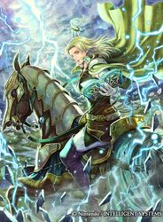  back belt blue_eyes book boots bracelet cape cloud commentary_request earrings electricity female fire_emblem fire_emblem:_the_sacred_stones fire_emblem_cipher gloves horse horseback_riding jewelry long_hair official_art riding rock selena_(fire_emblem:_the_sacred_stones) sky solo takaya_tomohide 