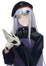  absurdres adjusting_clothes adjusting_gloves beret commentary facial_mark female film_grain girls&#039;_frontline gloves grey_hair grin hair_ornament hat highres hk416_(girls&#039;_frontline) jacket long_hair long_sleeves looking_at_viewer mikai_2035 simple_background smile solo standing teardrop upper_body very_long_hair white_background yellow_eyes 