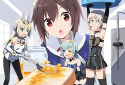  &gt;_o 4girls :d :o aqua_eyes aqua_hair armpits arms_up baselard black_gloves black_hair black_legwear blonde_hair bread bread_slice commentary_request elbow_gloves food food_on_face frame_arms_girl gennai_ao gloves gotyou gourai jam jar long_hair low_twintails mini_person minigirl multiple_girls one_eye_closed open_mouth panties pantyhose ponytail profile red_eyes school_uniform short_hair size_difference smile spoon striped_clothes striped_panties stylet thighhighs toast twintails underwear very_long_hair wavy_mouth 