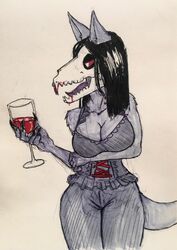  alcohol anthro beverage blood bodily_fluids bone breasts canid canine canis claws cleavage clothed clothing container cup drinking_glass female glass glass_container glass_cup malo mammal marsh_(marshthemalo) scp-1471 scp-1471-a scp_foundation skull skull_head solo traditional_media_(artwork) vampire victordantes wine wine_glass wolf 