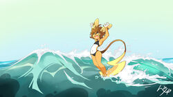  3_toes alolan_form alolan_raichu anthro barefoot clothed clothing feet female flat_chested generation_7_pokemon hair halo-halo_(hamsteroftime) hamsteroftime hi_res mammal nintendo open_mouth outside pokemon pokemon_(species) regional_form_(pokemon) sea sky smile solo surfing toes water wave 