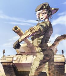  2019 anthro armored_vehicle ass athletic belt beret black_headphones black_headset blind_eye brown_body brown_fur chloe_(hunglee) clothed clothing day electronics endjfcar felid female fur gloves grey_headphones grey_headset hair handwear hat headgear headphones headset headwear hi_res leopard leopard_2 leopard_2a5 looking_at_viewer mammal microphone military military_uniform multicolored_headphones multicolored_headset muscular muscular_anthro open_mouth open_smile outside pantherine portrait radio rear_view red_eyes scar short_hair smile solo stretching tank three-quarter_portrait two_tone_headphones two_tone_headset uniform vehicle white_hair 