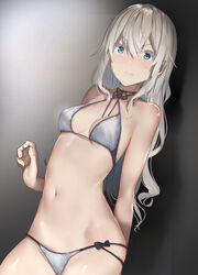  araido_kagiri artificial_angel_(araido_kagiri) bare_arms bare_shoulders bikini blue_eyes breasts closed_mouth commentary_request cowboy_shot criss-cross_halter female hair_between_eyes halterneck highres long_hair looking_at_viewer medium_breasts navel original shadow sidelocks silver_hair solo stomach sweat swimsuit v-shaped_eyebrows wavy_hair white_bikini 