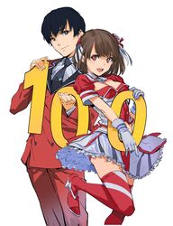  1boy absurdres announcement_celebration black_hair black_necktie bob_cut breasts brown_eyes brown_hair cleavage female formal hayata_shinjirou highres medium_breasts necktie official_art red_suit sayama_rena shimoguchi_tomohiro short_hair suit ultra_series ultraman_(hero&#039;s_comics) 