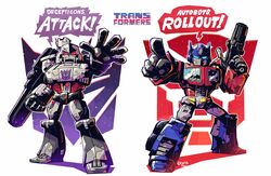  2boys arm_cannon autobot blue_eyes cannon chibi clenched_hand colored_shadow decepticon english_text gun highres male_focus mecha megatron multiple_boys open_hand optimus_prime p38 pointing rariatto_(ganguri) red_eyes rifle rivals robot shadow smokestack speech_bubble starry_background transformers transformers:_generation_1 twitter_username weapon wheel white_background 