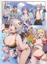  &gt;_&lt; 4boys 6+girls absurdres antenna_hair arm_up bikini black_bikini black_choker blank_eyes blonde_hair blue_eyes braid breasts brother_and_sister brown_hair cellphone cevio choker cleavage clenched_hand cloud commentary dual_wielding flat_chest glass green_eyes grey_hair hair_ornament halterneck hat head_rest highres holding holding_phone holding_water_gun iori_yuzuru jacket kizuna_akari koharu_rikka large_breasts leaning_on_person long_hair male_swimwear minase_kou mouth_hold multiple_boys multiple_girls open_clothes open_jacket open_mouth otomachi_una otomachi_una_(talkex) outdoors own_hands_together phone ponytail purple_bikini purple_hair rainbow red_ribbon ribbon sailor_collar sandals scrunchie shirinda_fureiru shirt short_hair siblings sitting skirt sky sleeveless smartphone star_(symbol) star_hair_ornament sunglasses swimsuit synthesizer_v takahashi_amato talkex tears touhoku_kiritan tsurumaki_maki twin_braids twintails very_long_hair vocaloid voiceroid water water_drop water_gun wet white_shirt wrist_cuffs wrist_scrunchie yuzuki_yukari yuzuki_yukari&#039;s_younger_twin_brother zundamon 