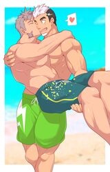  2boys abs alternate_costume bara black_hair carrying commission couple crow_(siranui) earrings facial_hair feet_out_of_frame goatee green_eyes gyee heart highres jewelry kissing kissing_cheek large_pectorals lifting_person long_sideburns male_focus male_swimwear multicolored_hair multiple_boys muscular muscular_male navel nipples pectorals princess_carry purple_hair short_hair sideburns spoken_heart su_(gyee) swim_trunks thick_thighs thighs topless_male two-tone_hair yan_(gyee) yaoi 