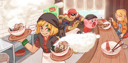  1boy 2girls blonde_hair blue_eyes bowl captain_falcon chinese_clothes chopsticks denim food gloves green_eyes jacket jeans khiuly kirby mask min_min_(arms) multiple_girls noodles pants ramen restaurant samus_aran spoon steam super_smash_bros. surprised wristband 