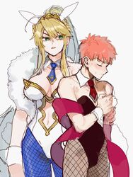  1boy ahoge animal_ears artoria_pendragon_(fate) artoria_pendragon_(swimsuit_ruler)_(fate) bad_id bad_twitter_id bare_shoulders blonde_hair blue_necktie blue_pantyhose blush braid breasts card cleavage clothing_cutout commentary_request detached_collar embarrassed emiya_shirou fate/grand_order fate/stay_night fate_(series) feather_boa female fishnet_pantyhose fishnets french_braid green_eyes hair_between_eyes highleg highleg_leotard highres kani_seijin large_breasts leotard long_hair navel_cutout necktie orange_hair pantyhose playboy_bunny playing_card poker_chip poker_table ponytail rabbit_ears red_hair short_hair sidelocks table white_leotard wrist_cuffs 