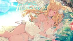  animal_ears armlet beach blonde_hair blue_sky blush bracelet braid breasts cleavage cloud day detached_collar erune female flower french_braid gloves granblue_fantasy hair_flower hair_ornament half_gloves horizon jewelry koza_game lace lace_gloves long_hair looking_at_viewer lying medium_breasts ocean on_side open_mouth outdoors panties red_eyes revealing_clothes sand side-tie_panties sideboob sky smile solo thigh_strap underwear water white_gloves white_panties yuisis_(granblue_fantasy) 