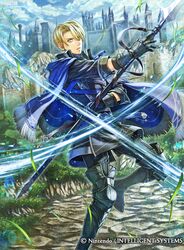  1boy armored_boots belt blonde_hair blue_eyes boots castle cloud commentary_request dimitri_alexandre_blaiddyd fire_emblem fire_emblem:_three_houses fire_emblem_cipher gloves grass male_focus official_art polearm rock sky solo sparkle spear takaya_tomohide teeth weapon 