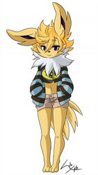  3_toes 9:16 anthro anthrofied barefoot clothed clothing eeveelution feet female fur generation_1_pokemon hair hamsteroftime hi_res jolteon looking_at_viewer mammal nintendo pokemon pokemon_(species) pokemorph simple_background solo toes white_background yellow_body yellow_fur 