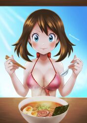  absurdres bikini blue_eyes bowl breasts brown_hair chopsticks cleavage egg_(food) female food highres holding holding_chopsticks holding_spoon may_(pokemon) milmil7 noodles pokemon pokemon_(anime) pokemon_ranger_and_the_temple_of_the_sea pokemon_rse_(anime) ramen smile solo spoon swimsuit twitter_username upper_body 