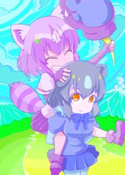  2girls ^_^ akion_(chibaibaraki) animal_ear_fluff animal_ears arm_up bad_id bad_pixiv_id bare_legs bear_ears bike_shorts black_hair bow bowtie brown_bear_(kemono_friends) brown_bear_(kemono_friends)_(cosplay) brown_eyes carrying closed_eyes commentary_request common_raccoon_(kemono_friends) common_raccoon_(kemono_friends)_(cosplay) cosplay costume_switch day extra_ears fingerless_gloves fisheye fur_collar gloves grey_hair grin hand_on_another&#039;s_head holding holding_weapon kemono_friends layered_sleeves leaf leaf_on_head long_sleeves looking_up miniskirt multicolored_hair multiple_girls oerba_yun_fang outdoors outstretched_legs pantyhose paw_stick piggyback purple_hair raccoon_ears raccoon_tail short-sleeved_sweater short_hair short_over_long_sleeves short_sleeves shorts sidelocks skirt smile sweater tail two-tone_hair weapon 