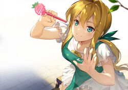  akanebi apron blonde_hair closed_mouth drawing dress female funeral_dress green_apron green_eyes green_ribbons hair_between_eyes hair_intakes hair_ribbon highres long_hair looking_away low_ponytail original ribbon sidelocks sleeveless sleeveless_dress smile solo white_dress 