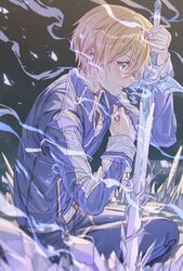  1boy blonde_hair blue_eyes blue_flower blue_pants blue_rose blue_rose_sword blush breath cold commentary crystal eugeo flower highres holding holding_sword holding_weapon hxxg ice looking_at_viewer magic male_focus pants profile rose school_uniform short_hair solo sword sword_art_online sword_art_online:_alicization sword_mastery_academy_school_uniform unsheathed weapon 