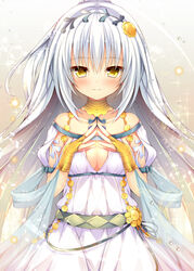  :3 bare_shoulders blush breasts cleavage cleavage_cutout closed_mouth clothing_cutout collarbone commentary_request detached_sleeves dress eyes_visible_through_hair female flower_knight_girl hagoromo hair_ornament huei_nazuki long_hair looking_at_viewer md5_mismatch medium_breasts own_hands_clasped own_hands_together shawl shirotaegiku_(flower_knight_girl) solo steepled_fingers translucent white_dress white_hair yellow_eyes 