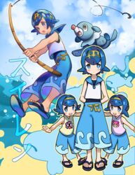  3girls absurdres age_difference blue_eyes blue_hair blue_pants blue_sailor_collar blush bomhat character_name character_print commentary fishing_hook fishing_rod freckles gold_hairband hairband harper_(pokemon) highres holding holding_fishing_rod lana_(pokemon) looking_at_viewer multiple_girls one-piece_swimsuit open_mouth outstretched_arms pants pokemon pokemon_(anime) pokemon_(creature) pokemon_sm_(anime) popplio sailor_collar sandals sarah_(pokemon) shellder shirt short_hair siblings sisters sleeveless slowpoke swimsuit swimsuit_under_clothes teeth toes tongue upper_teeth_only water wishiwashi wishiwashi_(solo) 