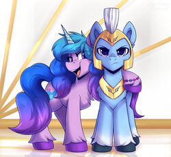  armor duo equid equine female guard hasbro headgear helmet hi_res hooves horn izzy_moonbow_(mlp) mammal mlp_g5 my_little_pony mythological_creature mythological_equine mythology purple_eyes shadowreindeer side_hug unicorn zoom_zephyrwing_(mlp) 