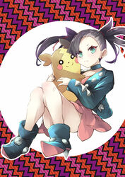  amazarash1 asymmetrical_bangs black_choker black_hair black_jacket black_nails blush choker commentary_request dress earrings female green_eyes hair_ribbon highres holding holding_pokemon jacket jewelry long_sleeves looking_at_viewer marnie_(pokemon) morpeko morpeko_(full) nail_polish open_clothes outline pink_dress pokemon pokemon_(creature) pokemon_swsh red_ribbon ribbon white_outline 