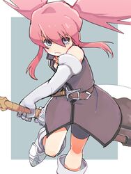  axe azuma_yukihiko belt belt_buckle black_dress black_shorts blue_background blue_eyes boots border buckle commentary detached_sleeves dress female foot_out_of_frame frown glaring highres holding holding_axe huge_weapon leg_up long_hair pink_hair presea_combatir shorts shorts_under_dress simple_background solo tales_of_(series) tales_of_symphonia twintails weapon white_footwear white_sleeves 