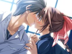  ashita_no_kimi_to_au_tame_ni ashita_no_nanami_to_au_tame_ni blush braid brown_eyes brown_hair game_cg kissing kurashima_tomoyasu long_hair nanami_manami ponytail sweatdrop tagme 