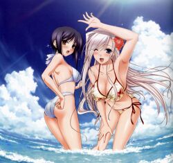  2girls :d absurdres adjusting_clothes adjusting_swimsuit arm_up armpits bare_shoulders bikini black_hair blue_eyes breasts brown_eyes charlotte_hazellink charlotte_hazelrink cleavage cloud collarbone female fujikura_yuu hair_ornament highres komori_kei large_breasts leaning_forward long_hair looking_at_viewer looking_back midriff mizugi multiple_girls navel open_mouth polka_dot polka_dot_bikini polka_dot_swimsuit princess_lover princess_lover! short_hair side-tie_bikini sky smile standing swimsuit wading water white_hair wink 