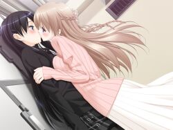  2girls blush breasts brown_hair kani_biimu kinoshita_tomomi kissing konayuki_fururi long_hair medium_breasts multiple_girls narashino_saki pantyhose yuri 