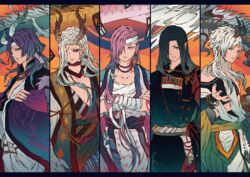  5boys absurdres bad_id bad_pixiv_id bandaged_arm bandaged_head bandages black_hair black_sclera blue_eyes bodypaint colored_sclera crossed_arms dragon dragon_boy earrings gradient_eyes gradient_hair green_eyes hair_over_one_eye highres horns ichi_asakura ichimoku_ren_(onmyoji) japanese_clothes jewelry long_hair male_focus monster_boy multicolored_eyes multicolored_hair multiple_boys multiple_persona nail_polish onmyoji pink_hair pointy_ears purple_hair red_eyes sarashi single_earring soufuu_ichimoku_ren white_hair 