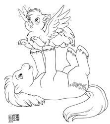  2015 avian black_and_white cutie_mark duo earth_pony equid equine european_mythology feathered_wings feathers female feral fetlocks goldfur&#039;s_cogsverse greek_mythology hasbro hippogriff hooves horse kacey long_path lucida_path male mammal monochrome my_little_pony mythological_avian mythological_creature mythology pony spread_wings tail upside-down wings 