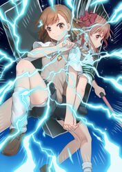  2girls anarchojs armband back-to-back black_skirt bow brown_eyes brown_footwear brown_hair brown_sweater_vest closed_mouth coin commentary_request electricity electrokinesis energy green_armband hair_ornament hairbow highres holding holding_coin holding_hands holding_polearm holding_weapon long_hair looking_at_viewer misaka_mikoto multiple_girls pleated_skirt polearm psychic red_bow school_uniform science_fiction shirai_kuroko shoes short_hair short_sleeves shorts shorts_under_skirt skirt smile summer_uniform sweater_vest thigh_strap toaru_kagaku_no_railgun toaru_majutsu_no_index tokiwadai_school_uniform weapon white_shorts yuri 