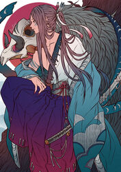  1boy absurdres blue_eyes bodypaint brown_hair facial_mark feathers fingernails hakama hand_on_lap highres ichi_asakura japanese_clothes long_hair male_focus md5_mismatch nail_polish onmyoji open_clothes ponytail profile sharp_fingernails sitting skull sword unworn_headwear weapon yamakaze_(onmyoji) 