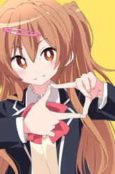  blush bow bowtie bright_pupils brown_eyes brown_hair chuunibyou_demo_koi_ga_shitai! commentary female hair_ornament hairclip icho_private_high_school_uniform ixy long_hair nibutani_shinka red_bow red_bowtie school_uniform simple_background smile solo upper_body white_pupils yellow_background 